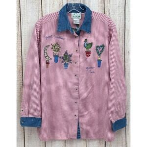 Quaker Factory Long Sleeve Shirt Size 1X‎ Cotton Gingham Gardening Embroidered